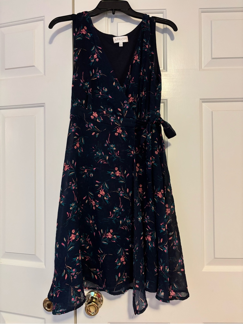 APRICOT Navy Floral Wrap Midi Dress with Pink Blossoms